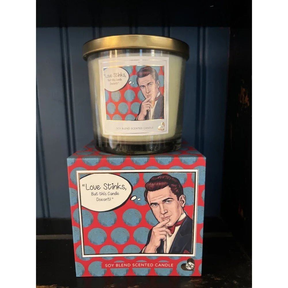 NEW! Huntington Home Pop Art 14 oz Soy Blend Jar Candle Love Stinks w/ Gift Box